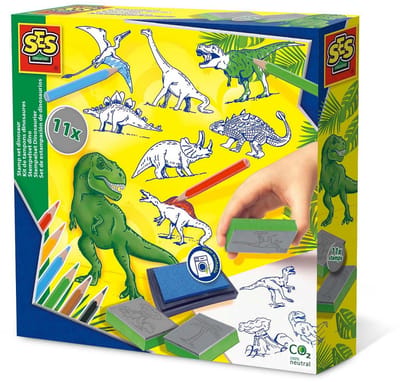 SES - Stempelset dino - 11 Dinosaurus stempels van foam - met stempelkussen, kleurpotloden en tekenpapier - knutselen jongens - Dinosaurus Speelgoed