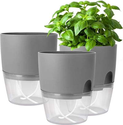 longziming -Zelfbewaterende Bloempot Set van 3 – Grijs – Automatisch Bewateringssysteem met Waterniveau-indicator – 18,2 cm Hoog voor Kruiden en Kamerplanten