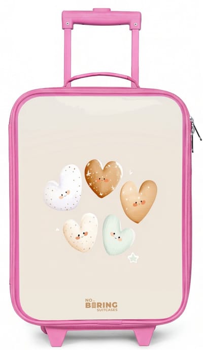 NoBoringSuitcases.com® - Kinderkoffer roze - Kindertrolley meisje - Hartjes in zachte beige tinten - Koffer kind lichtgewicht - Reiskoffer trolley voor kinderen - Koffertje met lichtgevende wieltjes - Rolkoffer