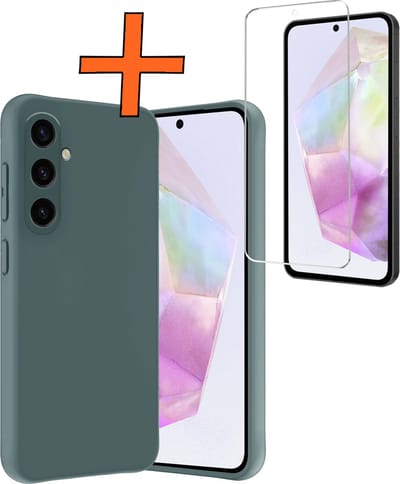 Hoes - Met Screenprotector - Geschikt voor Samsung Galaxy A35 - Sterk & Shockproof - Back Cover - Siliconen Case - Telefoon Hoes - Donkergroen