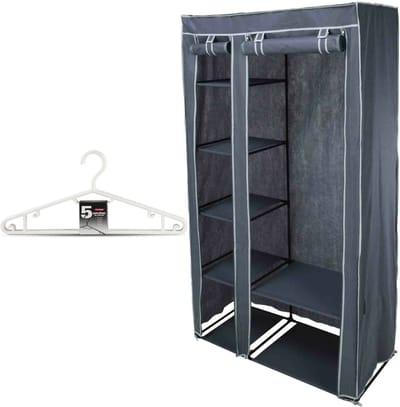 Mobiele kledingkast/garderobekast - incl 10x hangers - opvouwbaar - grijs - 174 cm