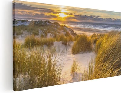 Artaza Canvas Schilderij Strand Zee - 40x20 cm - Klein - Wanddecoratie Duinen - Muurdecoratie Zonsondergang - Decoratie Kust