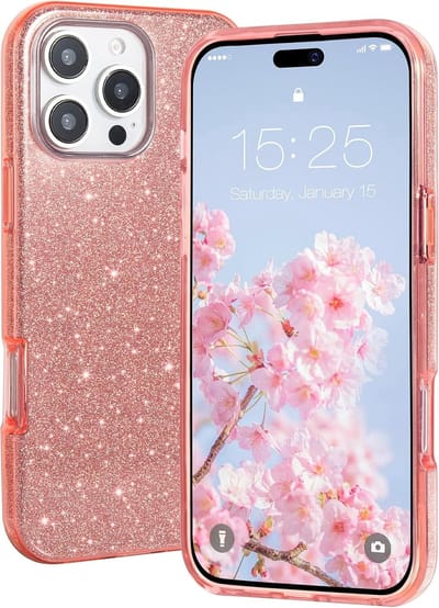Casemania Hoesje Geschikt voor Apple iPhone 16 Pro - Roze - Glitter Back Cover