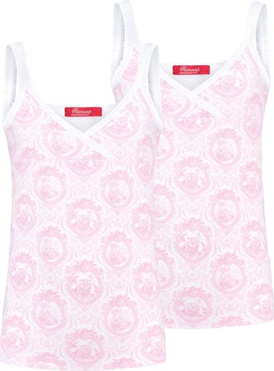 Exclusief Luxueus Kinder ondergoed, twee Luxe mooie zacht roze Girly Hemdjes van Hanssop met fashionable elastische rand details en in een luxe exclusieve Hanssop Pink Toile design, Twee meisjes Hemdjes, zacht roze toile print, maat 140