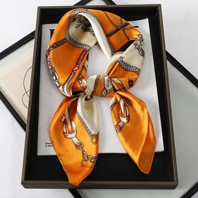 Écharpe Carrée Plaid en Soie de Luxe pour Femmes Bande Satinée pour Cheveux de Cou Foulard Doux pour le Travail Hijab Tête Foulard Féminin orange