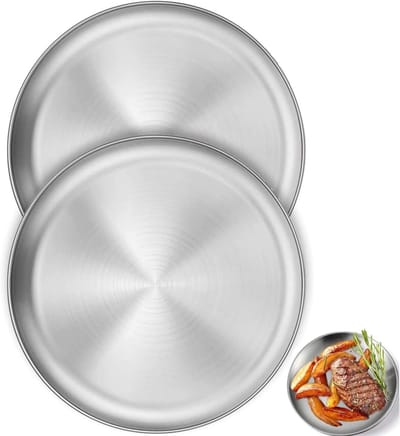 stalen rond servies, 2 stuks campingborden, roestvrijstalen borden, diameter 20 cm, metalen platte borden voor steaksalade, voor camping, picknick, eetkamer, keuken, feest