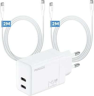 Phreeze 45 W usb C oplader - Dual port GaN charger - Inclusief 2 usb C naar usb C kabels 2m voor telefoon en tablet