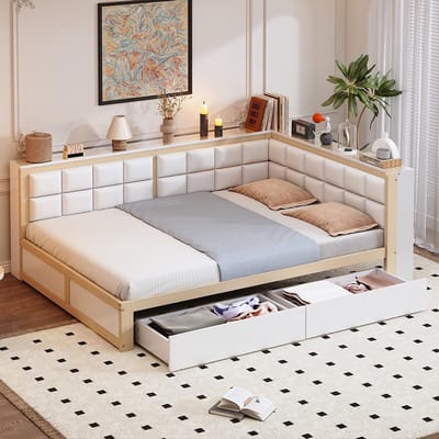 Pugsdrly Houten slaapbank 140 x 200, multifunctioneel bed met zachte rugleuning, grote opberglade, eenpersoonsbed, bed voor tieners, bed van grenenhout, houtkleur