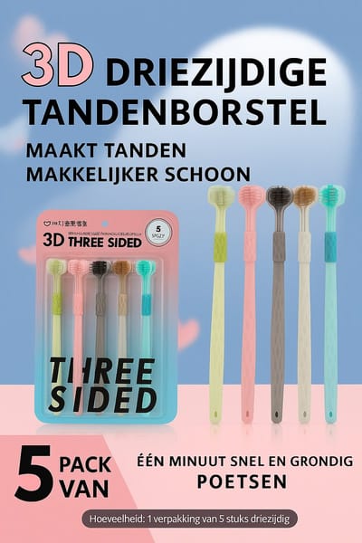 3‑zijdige Tandenborstel – Set van 5 – Zachte Borstelharen – 3D Rondom‑Reinigend Ontwerp – Voor Volwassenen