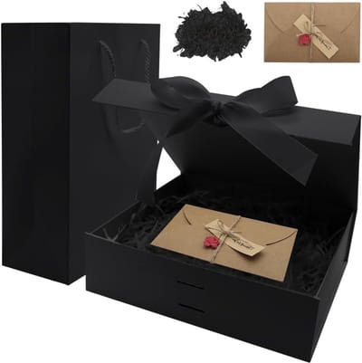 Elegante Geschenkdoos met Zwart Deksel, 26×19×8cm, Magnetische Cadeauverpakking met Strik, Perfect voor Verjaardagen en Kerstmis, Inclusief Raffia en Wenskaarten
