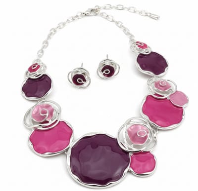 Roze en paars zilverkleurige ketting voor dames met hanger set inclusief oorstekers – statement ketting