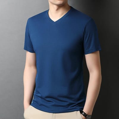 Mulberry Zijde Kortmouwig T-shirt Heren V-hals Effen Kleur Zomer Nieuw Dun Ademend IJszijde Slim Fit Veelzijdige Top 2XL blue