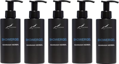 Showergel Hammam Herbal 300 ml - met pomp - zwarte fles - set van 5 stuks - Douchegel - Voordeelverpakking