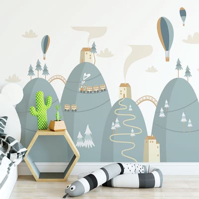 Scandinavische bergstickers met heteluchtballonnen hoog in de lucht, 110 x 165 cm