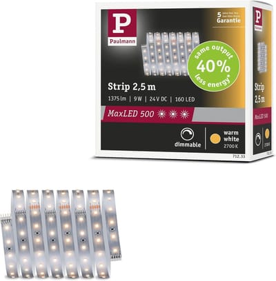 ' Paulmann 71233 MaxLED 500 LED-strip warm wit, enkele strip, 2,5 m, 9 W, 550 lm/m, 64 LED's/m, 2700 K'