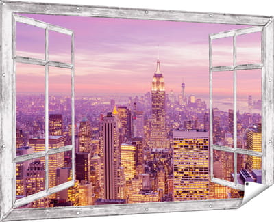 Gards Tuinposter Doorkijk New York Skyline met Lichten bij Zonsondergang - 180x120 cm - Tuindoek - Tuindecoratie - Wanddecoratie buiten - Tuinschilderij