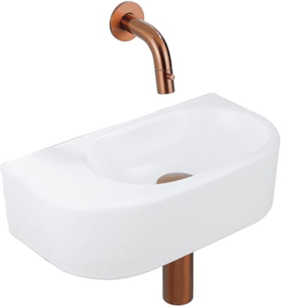 QeramiQ Fuente Fonteinset - 40x21.5x12cm - glad - halfrond - keramiek - fonteinkraan geborsteld koper - afvoerplug - verlaagd sifon - wit mat