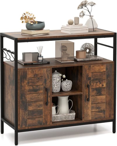 COSTWAY Dressoir, keukenkast met 3 haken, commode met 2 deuren, open vakken, verstelbare planken, opbergkast voor keuken, eetkamer, woonkamer, industriële stijl 84 x 35 x 80 cm vintage bruin zwart