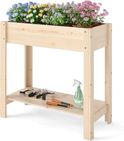 KOMFOTTEU Verhoogd bloembed zonder wieltjes, tuinbed met plank en afvoergaten, plantenbed van dennenhout voor tuin en terras, naturel, 80 x 37 x 78 cm, zonder wieltjes