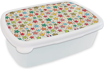 Broodtrommel Wit - Lunchbox - Brooddoos - Patronen - Sterren - Kleuren - Jongens - Kinderen - Kids - 18x12x6 cm - Volwassenen