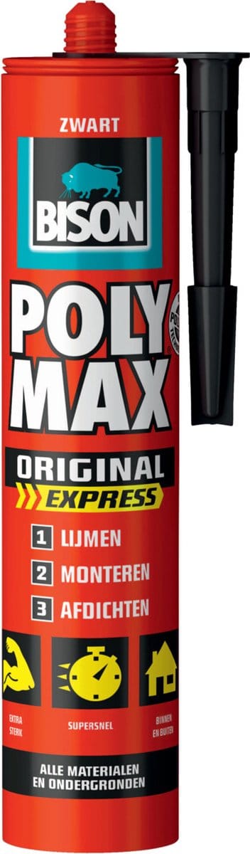 Bison Poly Max Express zwart koker 425 gram- Transparante montagelijm, lijmen, monteren en afdichten, unieke SMP technologie, oplosmiddelvrij, binnen en buiten, vrijwel alle ondergronden