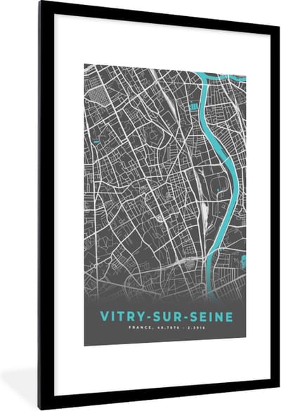 Fotolijst incl. Poster - Vitry-sur-Seine - Frankrijk - Plattegrond - Kaart - Stadskaart - 60x90 cm - Posterlijst