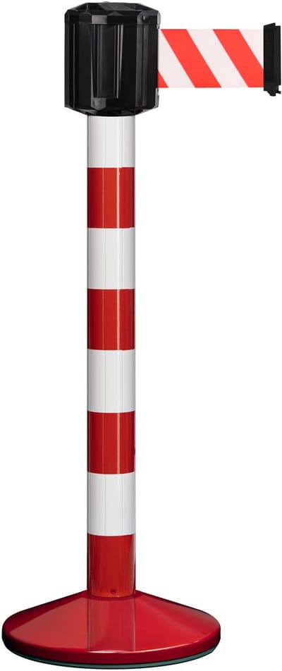 Premium afzetpaal met zware voet & 10 m afzetlint – Aluminium – Rood/Wit – 3-riemsysteem – Anti-paniek rem – Waterdicht