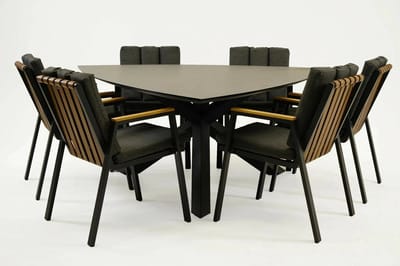 Tuintafel Triangel met 6 Leather antraciet stoelen