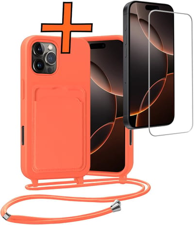 Hoesje Geschikt voor iPhone 16 Pro Hoesje Met Telefoonketting Pasjeshouder Case Met Screenprotector Koord - Hoesje Geschikt voor iPhone 16 Pro Hoes Met Kaarthouder - Papaya