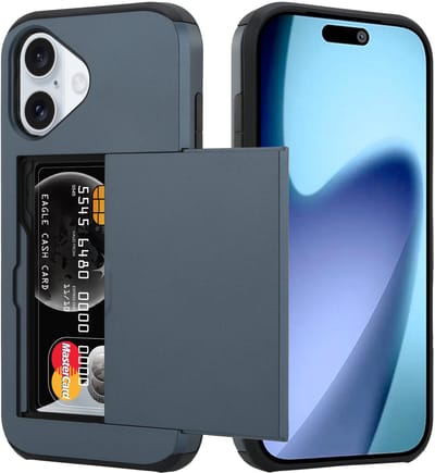ShieldCase kaarthouder case met slider geschikt voor iPhone 17 (donkerblauw) – stevig hoesje met pasjeshouder, premium bescherming en strak design