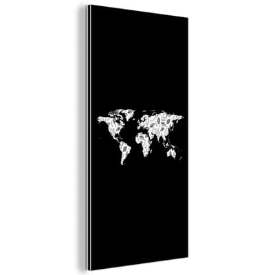 Aluminium schilderij 20x40 cm - Wanddecoratie metaal - Wereldkaart - Bladeren - Zwart - Metalen muurdecoratie woonkamer - Decoratie industrieel - Foto op dibond - Industriële accessoires slaapkamer