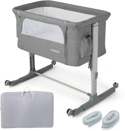 COSTWAY 3-in-1 bijzetbed & babywieg & reisbed, 5-traps in hoogte verstelbaar babybed, 10° helling, kinderbed incl. matras, draagtas, wieg voor baby's tot 9 kg belastbaar (lichtgrijs)
