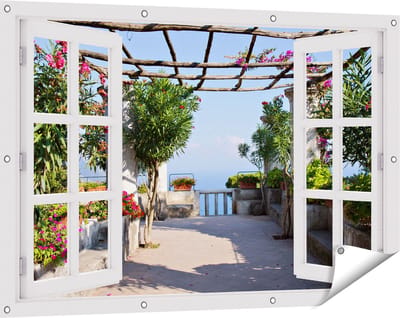 Gards Tuinposter Doorkijk Terras - 120x80 cm - Tuindoek - Tuindecoratie - Wanddecoratie buiten - Tuinschilderij