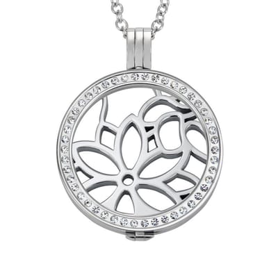 Quiges - Munthouder met Ketting en Munt 33mm Bloem Patroon - RVS Zilverkleurig met Zirkonia - ERHS1123