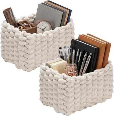 Opbergmand van Katoen, Gevlochten Mand voor Toiletpapier, Cosmetica en Speelgoed, 19 x 15 x 12 cm, Wit, Set van 2 - Perfect voor Organisatie en Decoratie in Huis