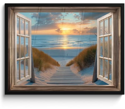 Poster in lijst - Fotolijst 80x60 cm - Posters - Doorkijk - Strand - Pad - Zonsondergang - Posterlijst zwart - Decoratie - Wanddecoratie woonkamer - Muurdecoratie slaapkamer