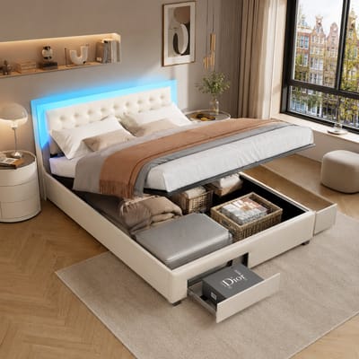 Opbergbed 140x190 cm, gestoffeerd bed met ledverlichting, tweepersoonsbed met lattenbodem en gasvering, 2 lades en knoopdetails, fluwelen Beige