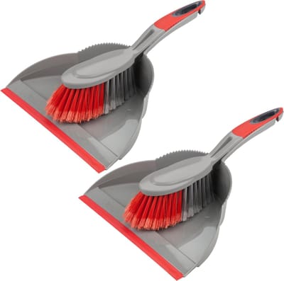 Buemag Stoffer en blik - Set van 2x stuks - kunststof - 35 x 25 cm - grijs/rood - met rubber rand