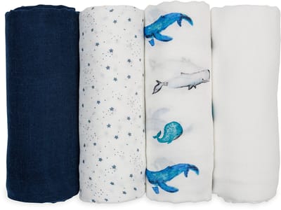 Lulujo - Hydrofiele Doeken - Swaddle - Bamboo - 120x120 cm - 4-pack - Whales & Stars - Kraamcadeaus - Babydekens - Babycadeaus - Tetradoeken - Zwangerschapscadeau