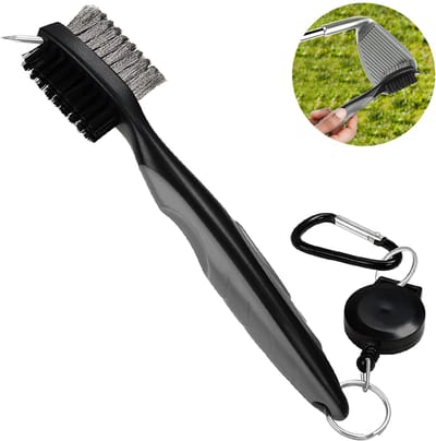 QTTVBTNA - 1 Stuk Golf Club Borstel met Groove Cleaner – 2-in-1 Reinigingsborstel met Nylon & RVS – Voor Clubface en Groeven – Met Puntreiniger & Ophangclip voor Golftas – Duurzaam en Compact - Grijs