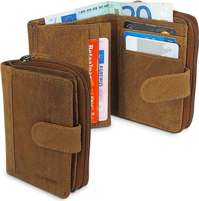 Old West Portemonnee Hoog Model Portemonnee met Drukknoopsluiting met Lipje - Hunterleer - 10 Pasjes - RFID – Donkerbruin