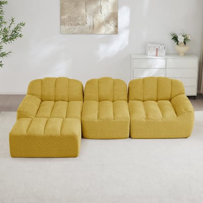 MODFU Modulaire Hoekbank - 3-Zits Met Ottoman - Diepe Zitting - Zonder Frame - Fleecestof - Geel