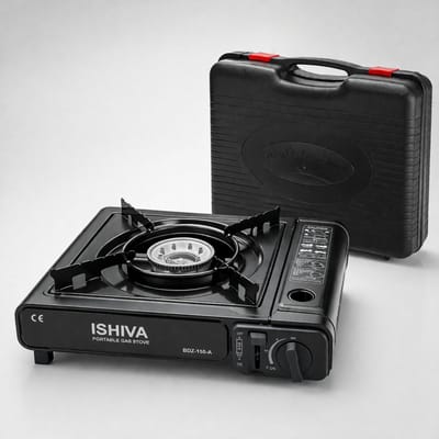 ISHIVA Compact Kookstel voor Noodsituaties – Draagbaar Gasfornuis 2,2 kW – Camping Kooktoestel met Koffer – Geschikt voor MSF-1 Gaspatronen – Outdoor, Noodsituaties & Stroomuitval – Incl. Aluminium Pan