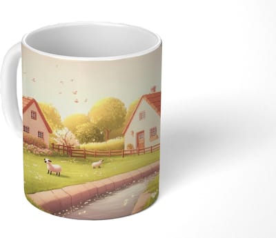 Mok - Koffiemok - Schapen - Huisje - Platteland - Mokken - 350 ML - Beker - Koffiemokken - Theemok