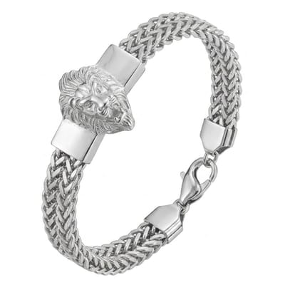 Heren armband – zilverkleurige schakelarmband met leeuwenkop detail – metalen ontwerp