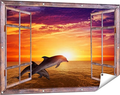 Gards Tuinposter Doorkijk Twee Dolfijnen bij de Zonsondergang - 120x80 cm - Tuindoek - Tuindecoratie - Wanddecoratie buiten - Tuinschilderij