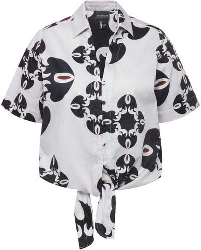 Ulla Popken - Dames - blouse grafische print knopen aan de zoom overhemdkraag - Off-white - Maat 46+