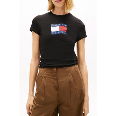 Tommy Hilfiger Slim Wavy Flag Tee Black Taglia: M | Maglie Sportivi Outlet | Donna | Nero