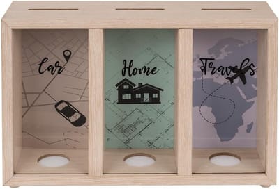 SnelShoppen - Houten Spaarpot met 3 Compartimenten, Multi-Kleur, Geldbox, Cadeaubox voor Vakantie, Reis, Auto, Thuis, 1x