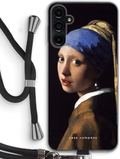 Case Company® - Hoesje met koord geschikt voor Samsung Galaxy A14 hoesje met Koord - The Pearl Earring - Telefoonhoesje met Zwart Koord - Bescherming aan alle Kanten en Over de Schermrand